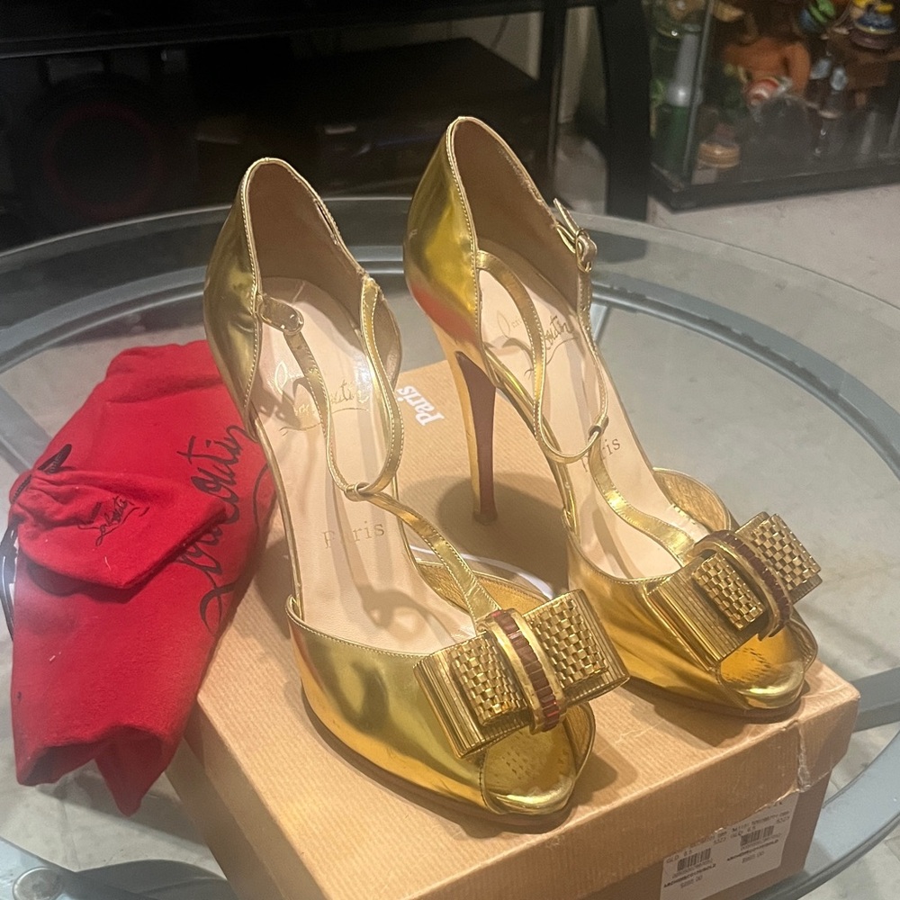 Vintage Christian Louboutin Shiny Gold Heels with Bow Accent